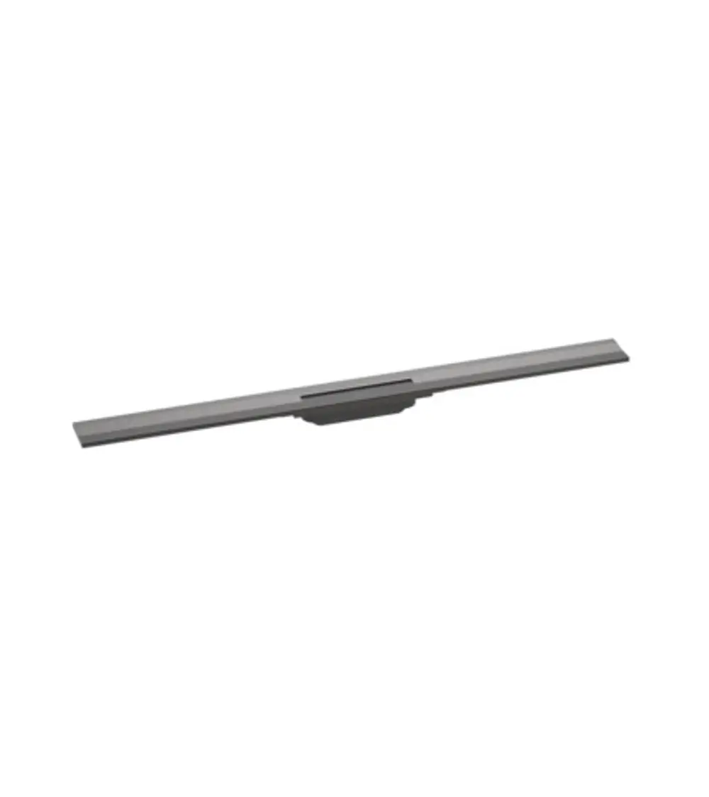 Schlanke Duschrinne in gebürstetem Schwarzchrom von Hansgrohe, zur Wandmontage geeignet. Längliche Form mit mittig platziertem Ablaufschacht.